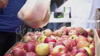 消费者在城市果蔬市场选择红苹果。 买家在农贸市场采摘多汁的红苹果